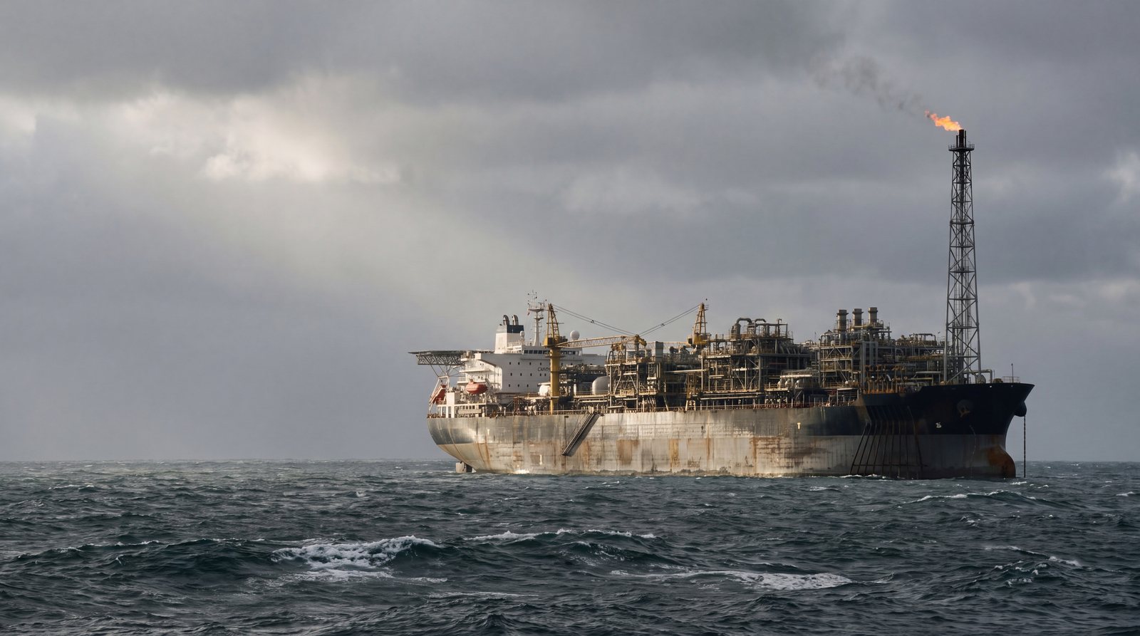 A large FPSO side-on in rough water under storm cloud, flare burning